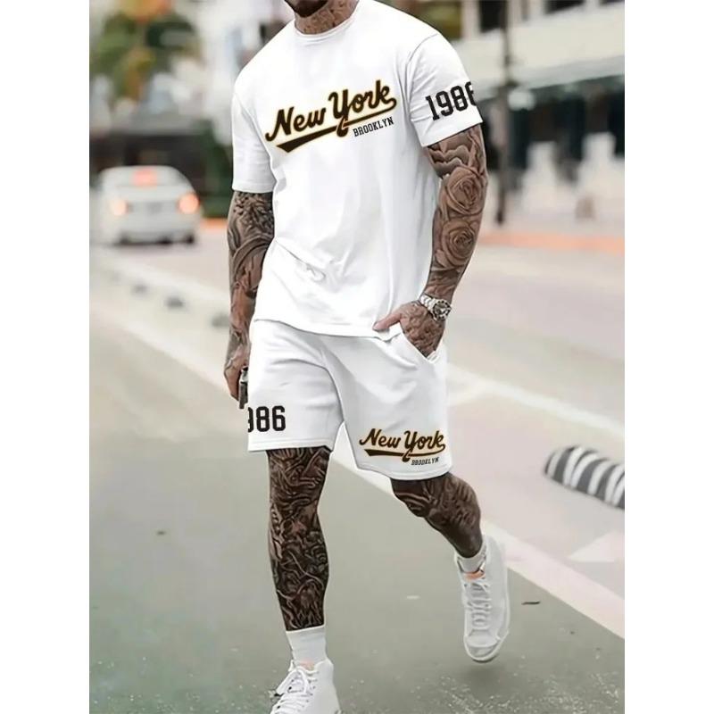 

Men s Summer Street Trendy Letter Printed Comfortable Breathable Round Neck T-shirt Shorts Set Outdoor High Street Clothing S