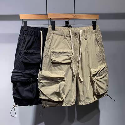 Men's 4 Color Summer Thin Casual Elastic Waist Five-quarter Pants Trendy Brand Quick-Drying Loose Pocket Cargo  Drawstring Cargo Shorts
