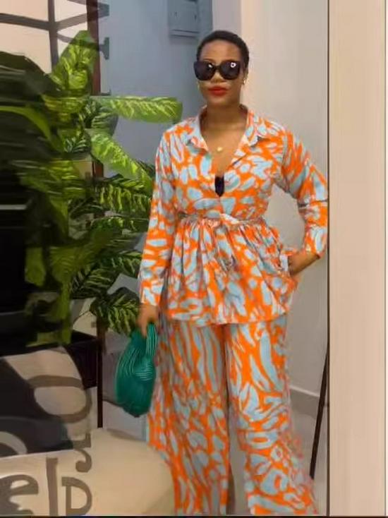 2024 Spring Women's Plus Size High Waist Wide Leg Printed Pants Set - Casual European & American Fashion
