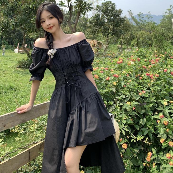 New women's clothing French medium and long straps waist thin short sleeves irregular dress niche fried street summer