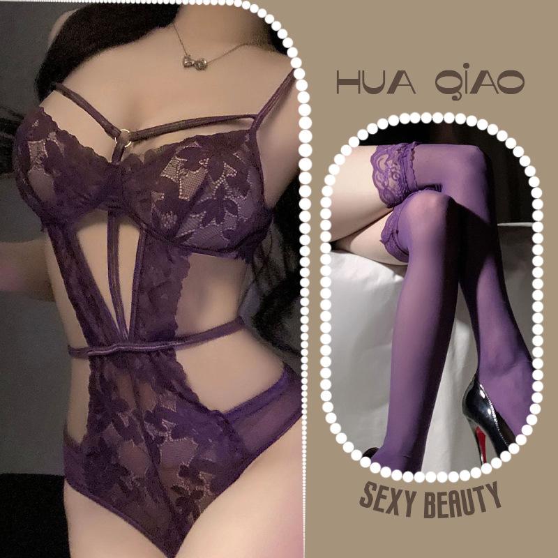 Hollow Skinny Underwear Sexy Siamese Temptation Strap Perspective Lace Free Purple Flirting Underwear