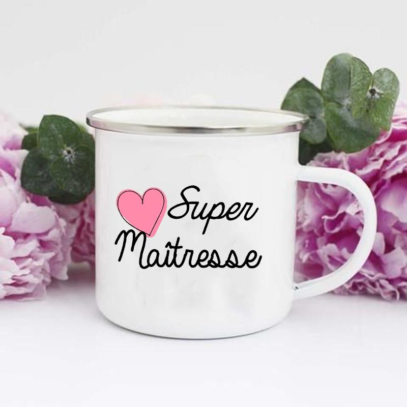 Drinks Water Milk Cup Enamel Mug French Super Teacher Print Mugs Creative Coffee Cups School Home Handle Drinkware Teacher Gifts