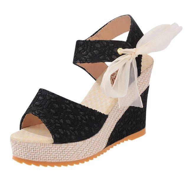 Summer new sandals women's bohemian fashion wedge heel lace fish mouth high heels