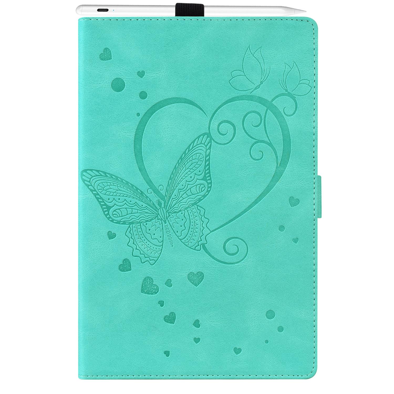 

For Samsung Galaxy Tab S10 FE/S9 FE/S9/S8/S7 PU Leather Imprinted Butterfly Flip Tablet Case Card Slots Stand with Pen Holder Cyan