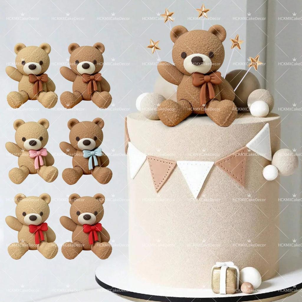 1set Cute Brown Teddy Bear Cake Topper with Star Foam Resin Bear Figurine for Baby Kids Birthday Party Cake Decorations 5