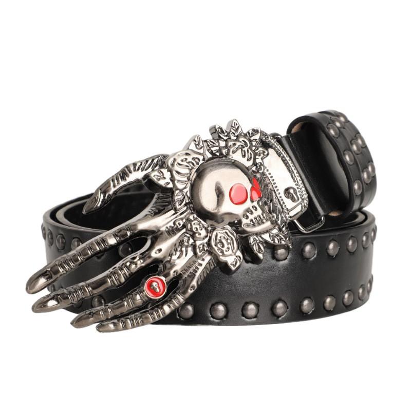 Women's and Men's Punk Skull Belt Harajuku Gothic Y2K Rivets Skeleton Hand Buckle PU Leather Belts Fashion Halloween Accessories