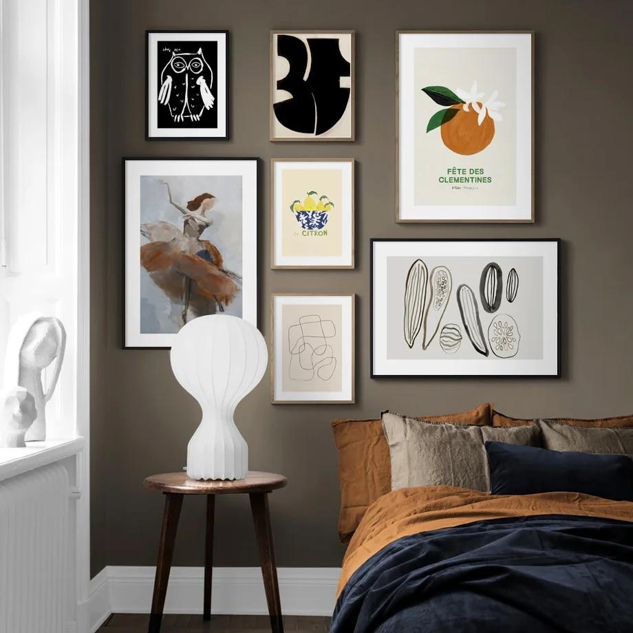 

Abstract Ballet Girl Owl Lines Fruit Wall Painting Nordic Poster Printing Wall Picture Suitable for Living Room