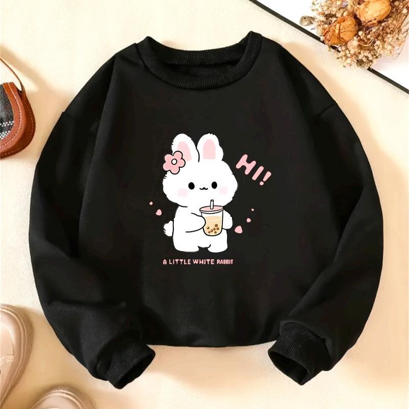 Kids Crewneck Sweatshirt, Cute Little Rabbit Animal Graphic Print, Soft Stylish Pullover Tops for Spring & Autumn