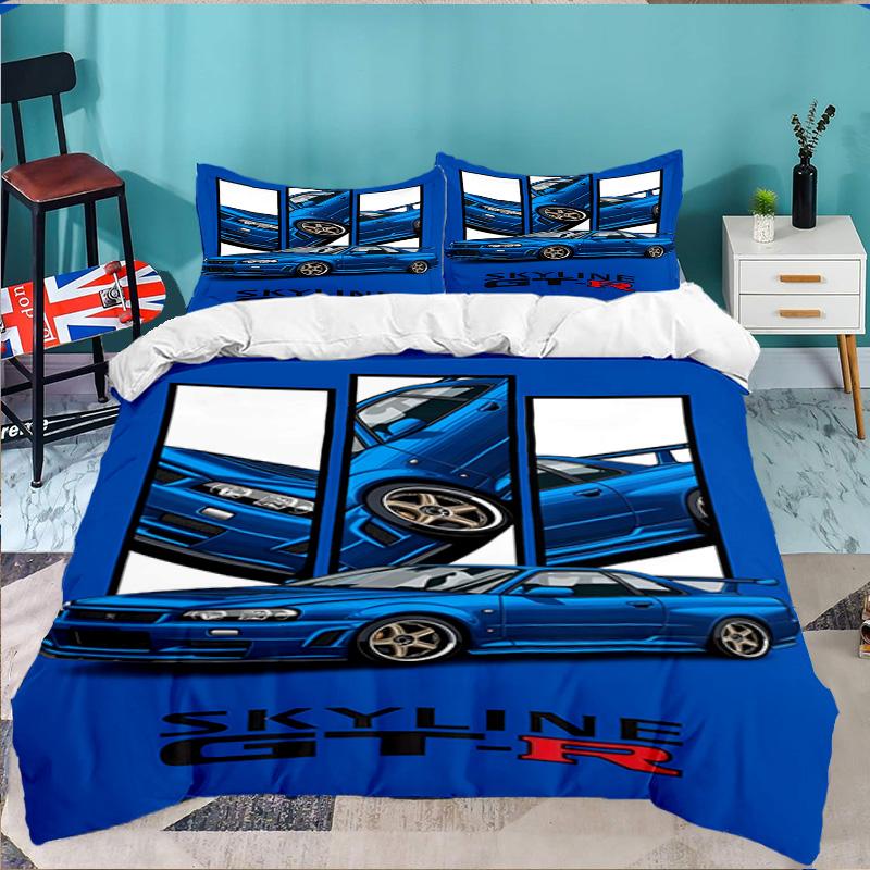 Set Biancheria da Letto 3 Pezzi Skyline Blue Racing Spirit Speed Style, per 1 Copripiumino e 2 Federe Perfetto come Regalo per Fan, Ideale per Camera da Letto, Dormitorio