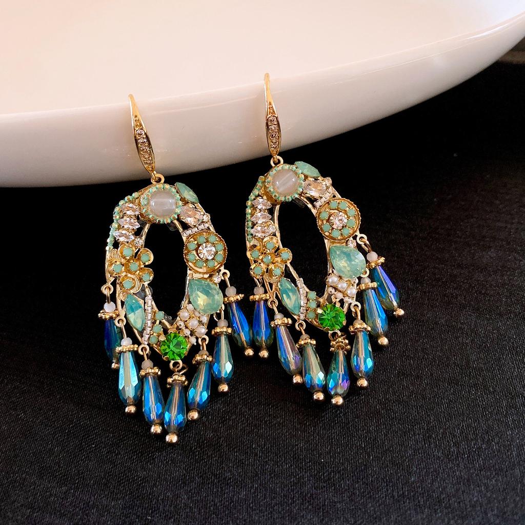 Fashionable Crystal Flower Tassel Earrings with Embedded Diamonds Women's Elegant Vintage Feel Holiday Style Jewelry
