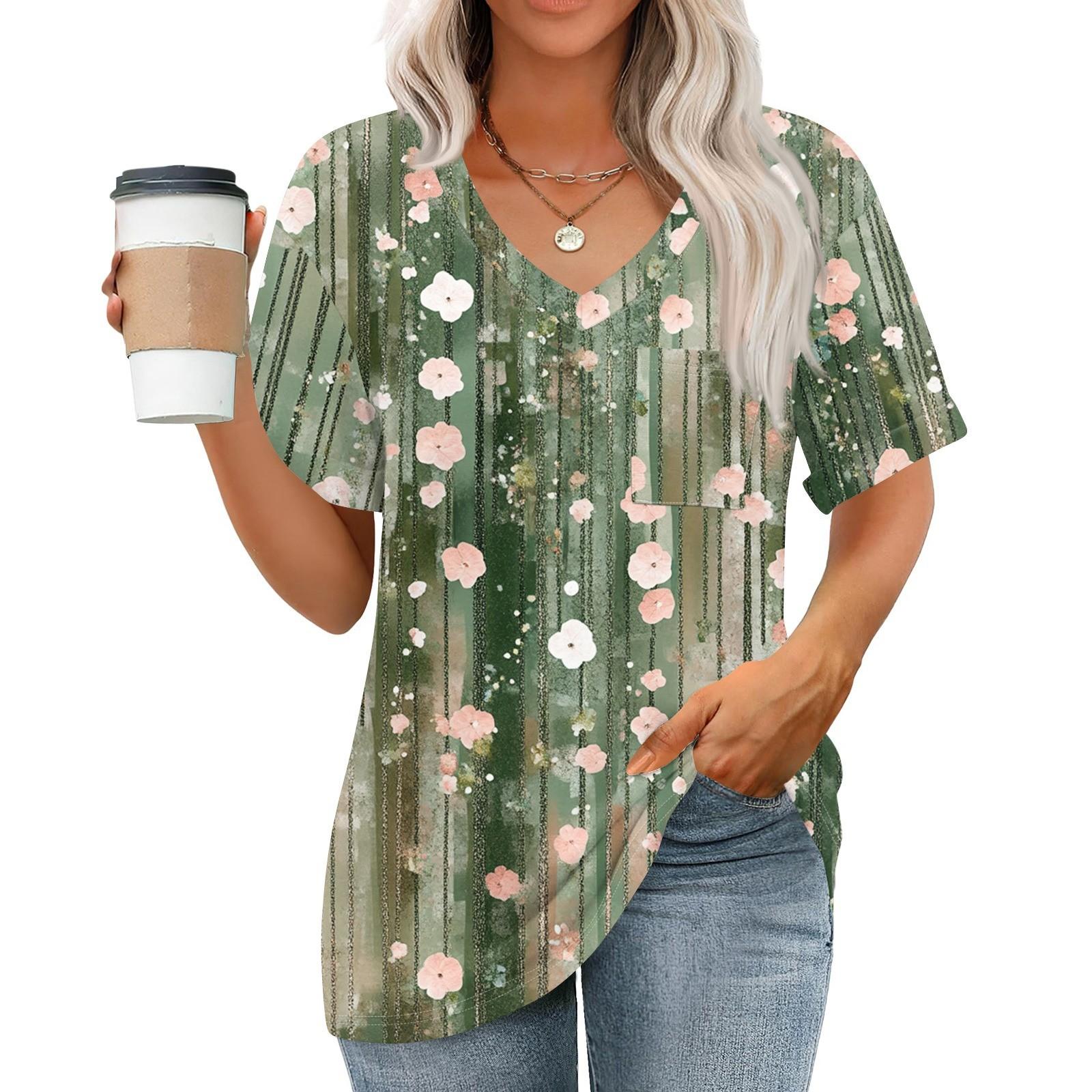 

Женские топы с V-образным вырезом и коротким рукавом Блузки Повседневные модные принты Туники Топы с карманами XXL зелёный