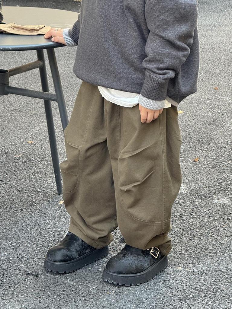 Korean-Style Boys' Fleece-Lined Cargo Pants, Washed and Faded, for Autumn/Winter 2025 - Medium and Big Children's Casual Wear