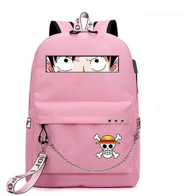 Mochila One Piece Desenho Animado Impressão 3D Mochila Escolar Rosa Nylon Daypack com Porta de Carregamento USB
