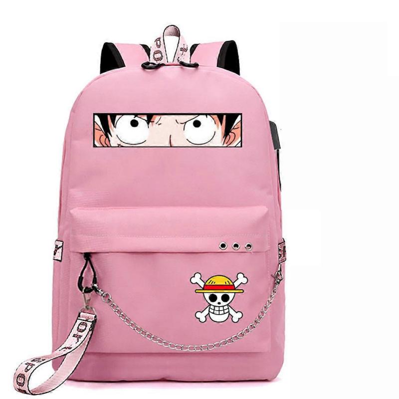 One Piece Backpack Cartoon 3D Print School Bag Pink Nylon Daypack with USB Charging Port