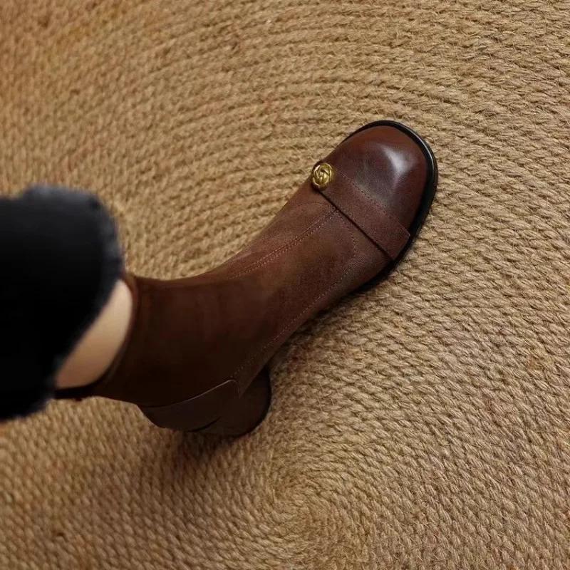 Camellia Suede Paneled High Heel Women Fall Winter 2025 New Block Heel Ankle Boots Vintage Booties