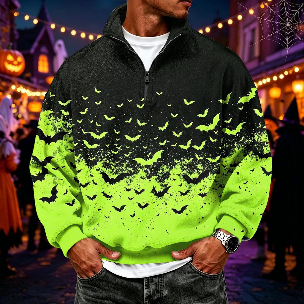 Men's Flannel 1/4 Zip Long Sleeve Sweatshirt with Halloween Print for Casual Wear