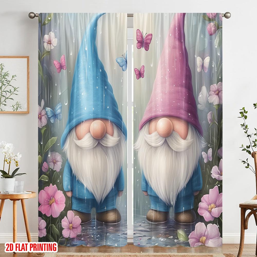 2pcs  2D plane printing Curtain Popular Cute Gnomes Butterflies Rain Flowers_a (3) 100% Polyester (without rod) Art Deco Festive