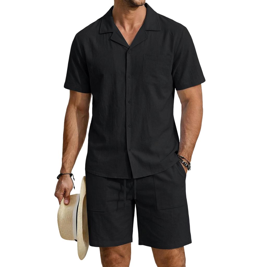 Men's Linen Short Sleeve Shirt and Shorts Set Casual Loose Fit Breathable with Pockets