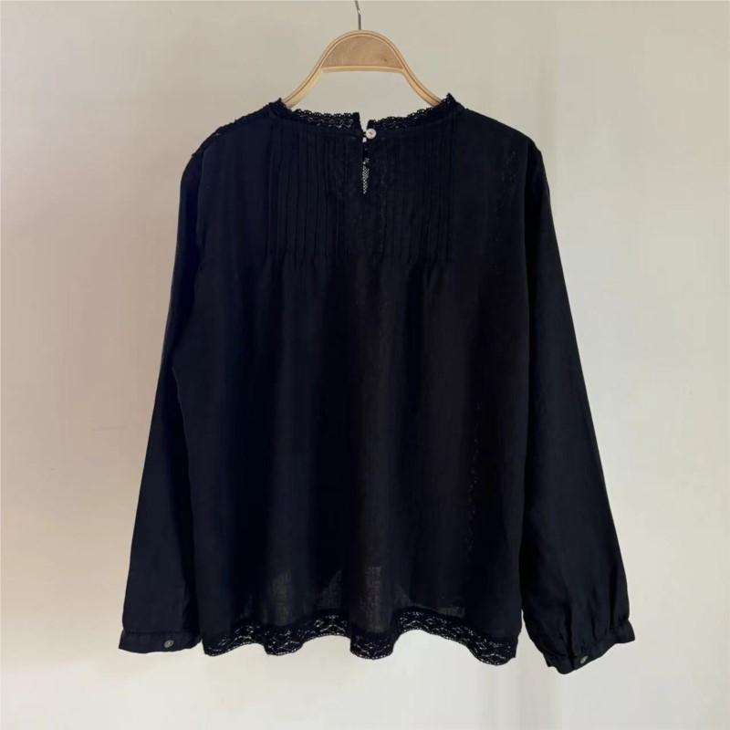Johnature Spitzenshirt Leinen Schwarzes Shirt Langarm Damen Rundhals Lässig Einfache Blusen