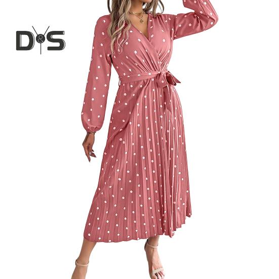 

Женское платье с длинным рукавом, V-образным вырезом, платье в горошек с завязкой на талии, длинное плиссированное платье для офисных вечеринок, свиданий S розовый