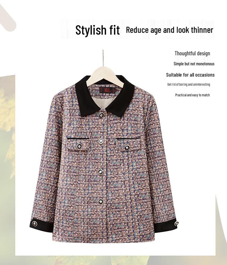 2025 Spring & Autumn Color Block Turn-Down Collar Jacket for Middle-Aged & Elderly Women