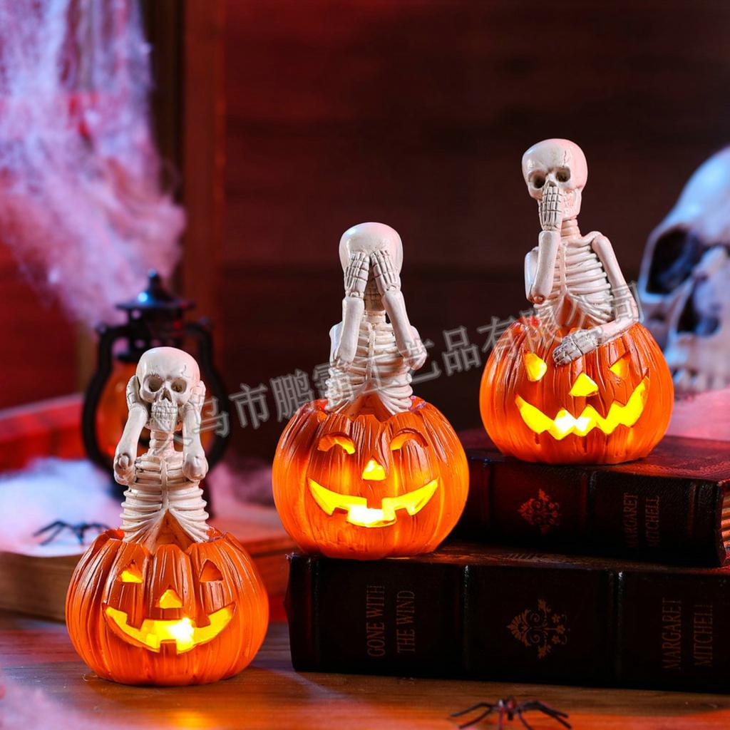 Halloween Decorative Light Up Skeleton Pumpkin Figurines Set of 3 Pieces for Indoor Outdoor Tabletop Display Holiday Theme