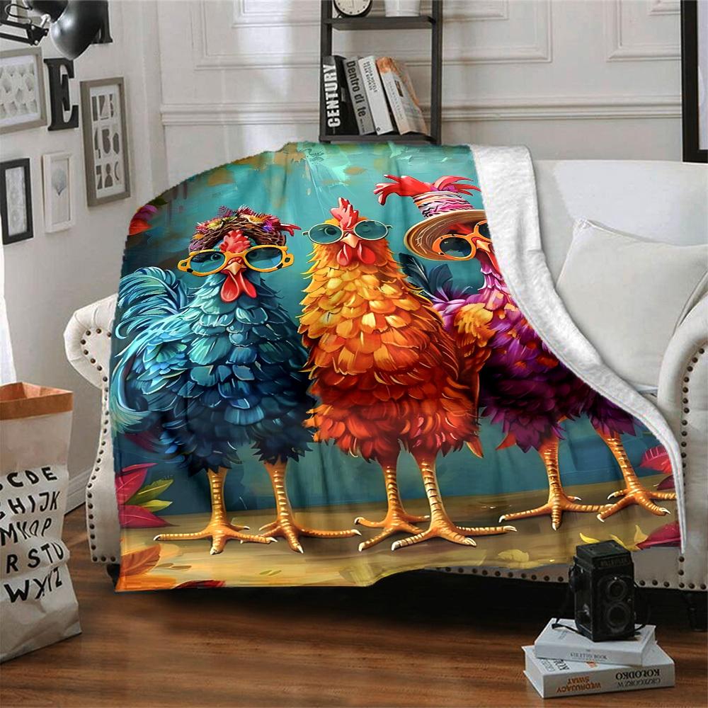 1pc Chickens Cartoon Pattern Print Blanket - Lightweight Flannel Throw Blanket For Sofa, Bed, Living Room, Office, Outdoor Travel, Camping, Soft