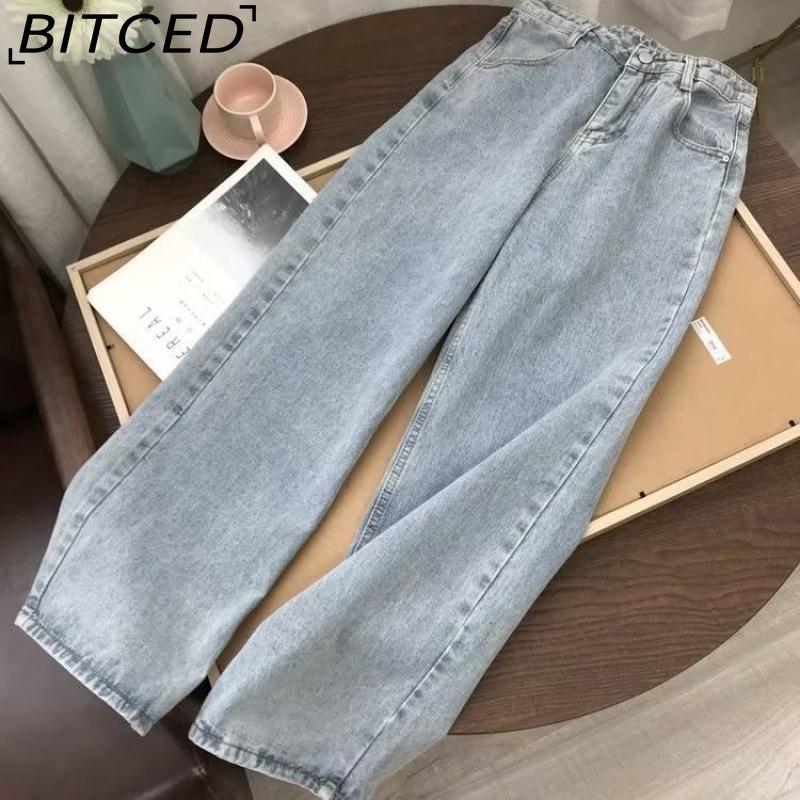 BITCED Wide-leg Pants for Girls, Spring and Autumn Retro Straight-leg Dad Pants, High-waisted Ins Jeans, Versatile for Students