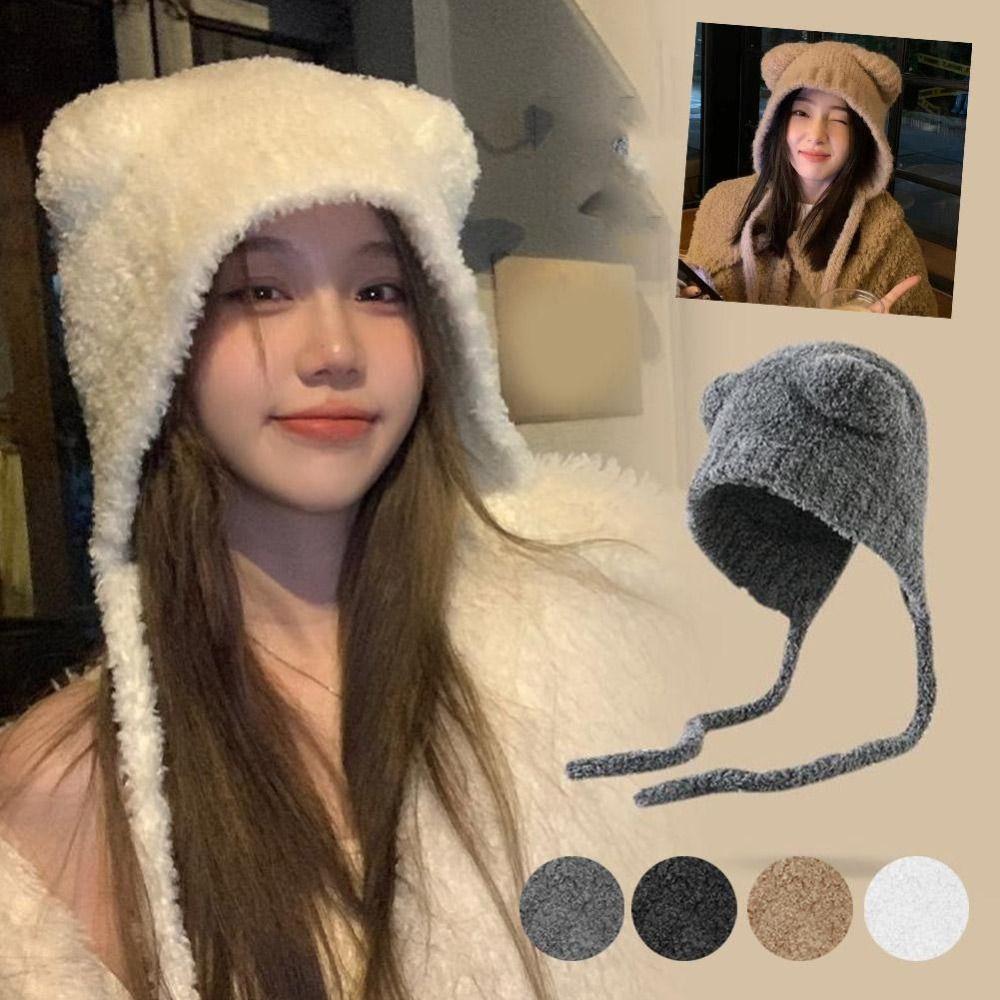 Lace-up Ear Protection Hat Warm Plush Beanie Cap Cute Bear Ears Knit Hat Cold Weather