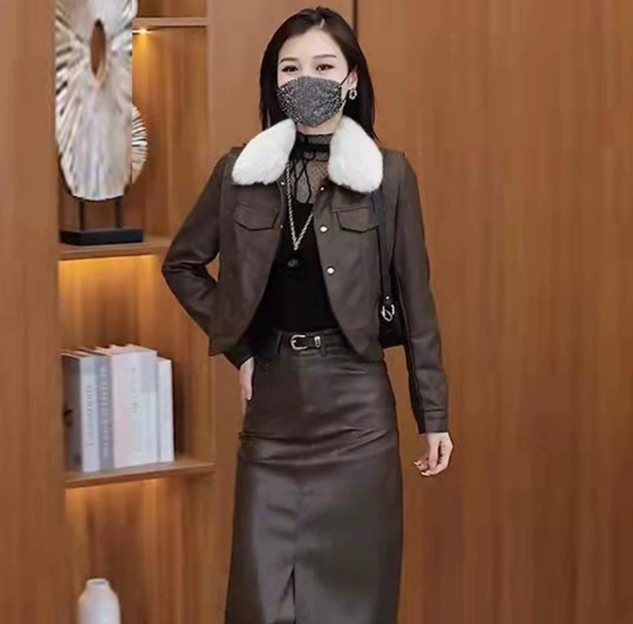 

Короткая кожаная куртка из бархата, женские топы, осень и зима, новый модный костюм, юбка, маленькая кожаная юбка 3XL