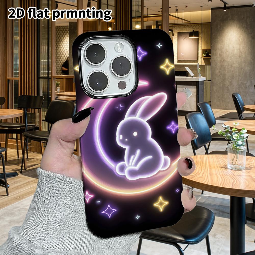 Phone Case: 2D Flat Design Suitable for iPhone 18, 17, 16, 15, 14, 13 Pro Film Protective Case, Couple Style, Crescent Moon and Jade Rabbit, Christmas