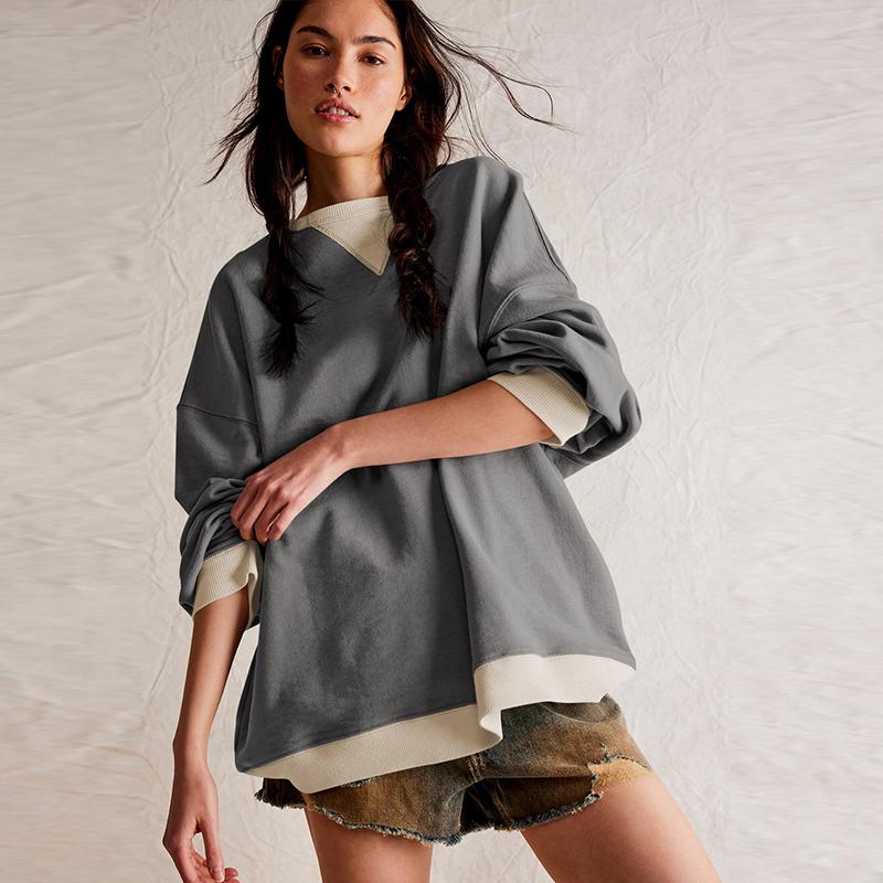 Casual Loose Contrast Sweatshirts Women Long Sleeved Round Neck Patchwork Hoodie Spring Autumn Street Style Pullover