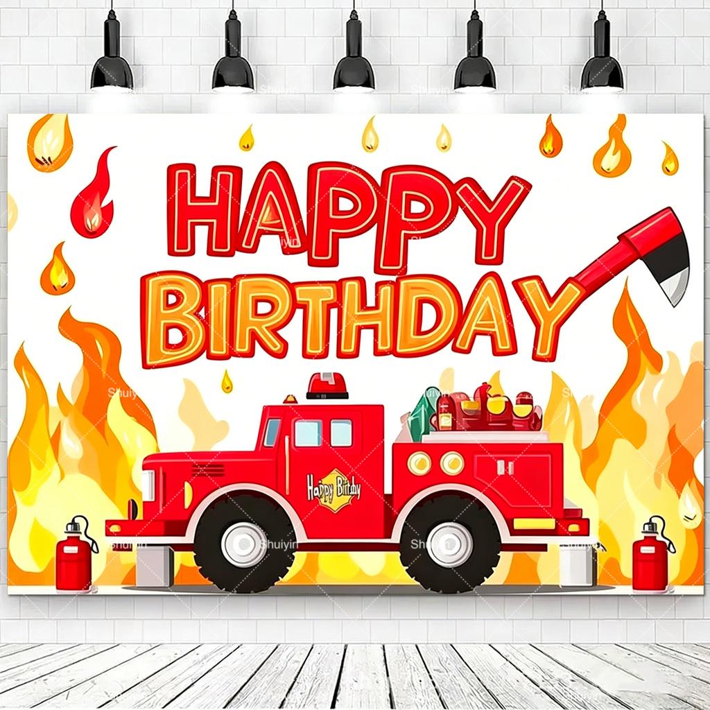 Cartoon Firefighter Firetruck Theme Backdrop Red Flame Fireman Boy Birthday Decorations Party Supplies Photography Background