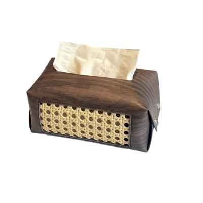 Portable Rattan Design Wood Grain Tissue Box Holder PU Leather Retro Style Paper Napkin Holder Napkin Box Desktop Storage