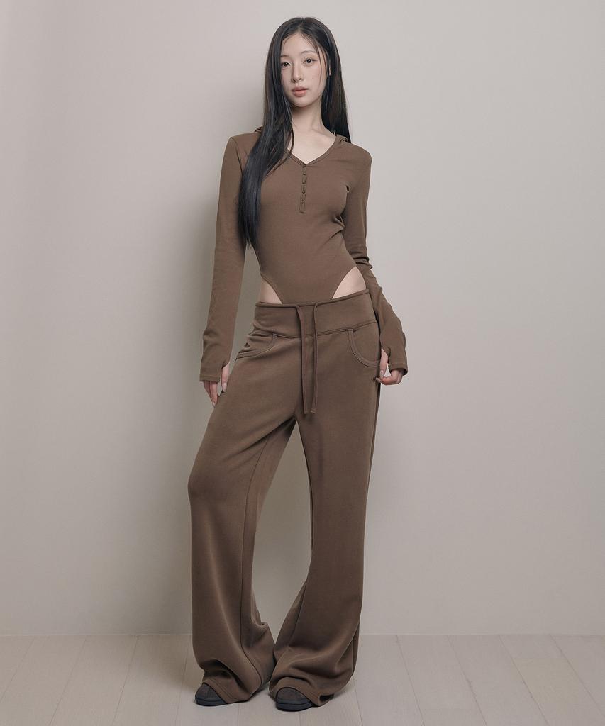 AWOSWEIB Wide Waist Straight Pants - Coffee Brown