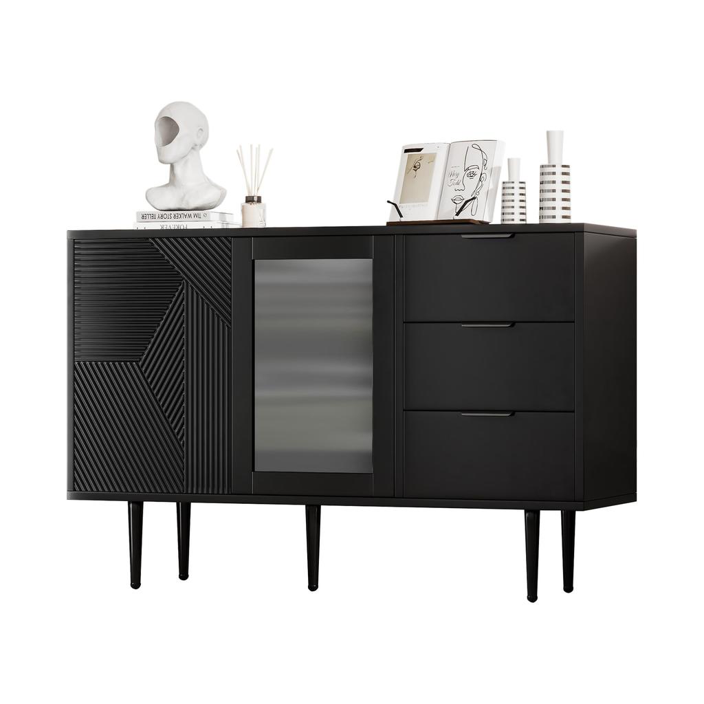 Sideboard with 3 Drawers and 2 Doors, Chest of Drawers with Glass Door and Metal Feet, Buffet for Dining Room, Living Room or Hallway, 120x38 X79.5 Cm, Black