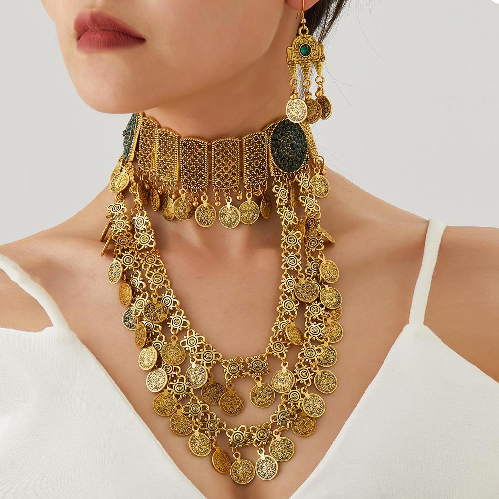 Set Collana e Orecchini Bohemien Retrò con Frange e Monete