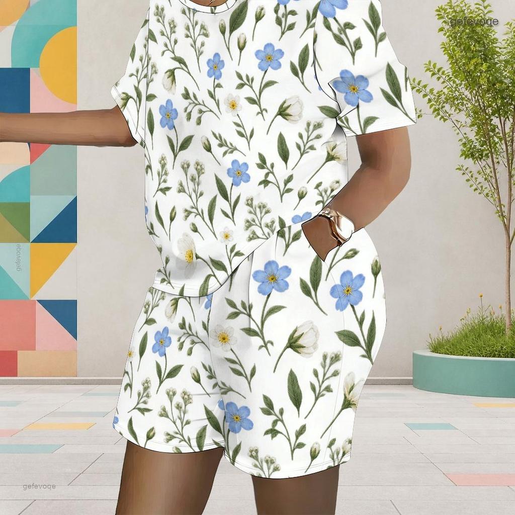 Women Plus Size White Printed Round Neck Short Sleeve Top Pocket Shorts Two Piece Set