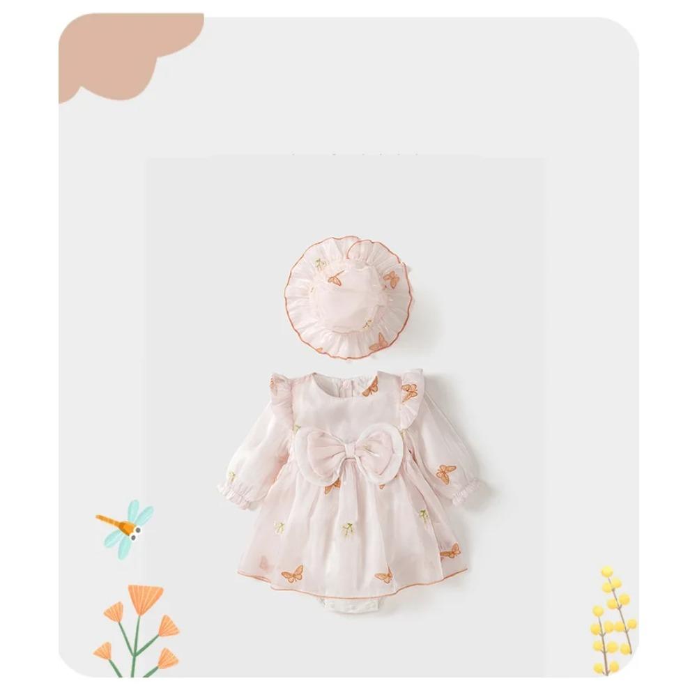 Vår Höst Söta Rosa Babyflickor Romperklänning Utomhus En Del Prinsessajumpsuit Spädbarn Fjärilsbody med Mössa 6-18M