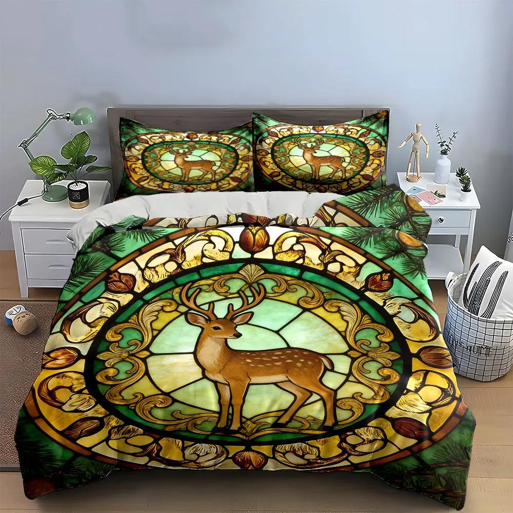 "Deer Stained Glass Window Decor" Soft Comfortable Duvet Cover Bedding Set Included 1*Duvet Cover & 2*Pillowcases Gift
