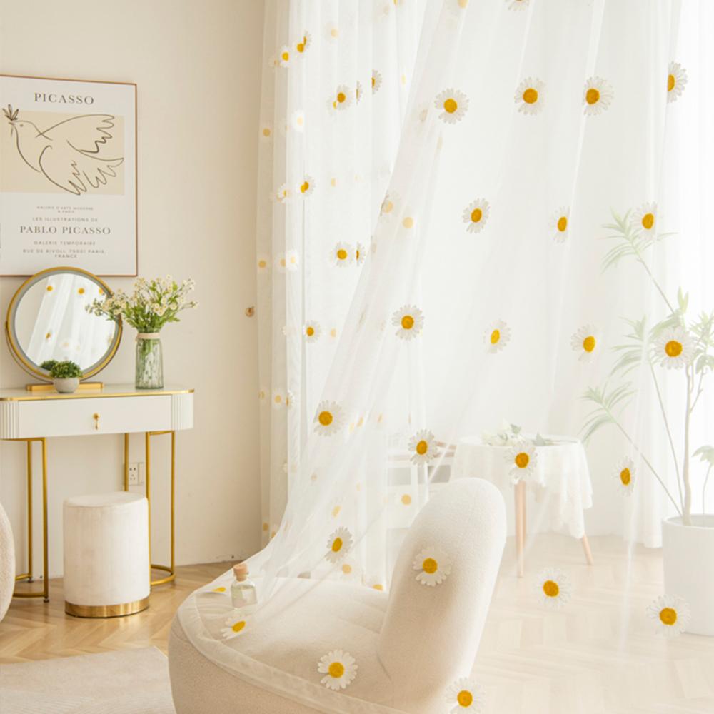 Nordische Madeliefjesprint Transparante Gordijnen Ideale Lichtfilterende Raamdecoratie Voor Slaapkamer En Woonkamer Warme Sfeer W132xH183cm&Rod pocket beige