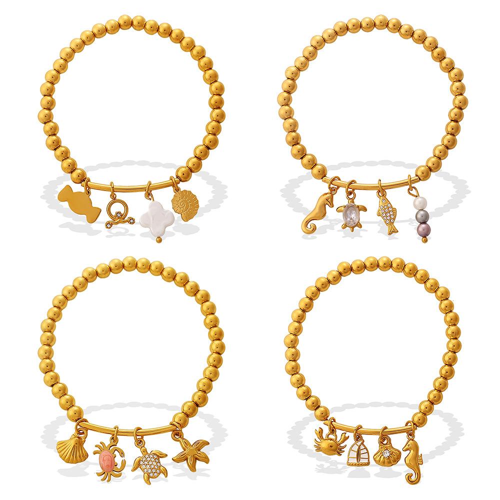 Summer Beach Ocean Wind Starfish Shell DIY Pendant Round Bead Bracelet Gold-plated Stackable Jewelry