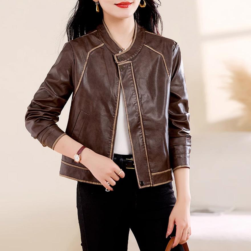 

Кожаная куртка женская короткая весна, осень и зима новый темперамент коричневый дизайн воротник-стойка маленькая куртка-косуха XXL