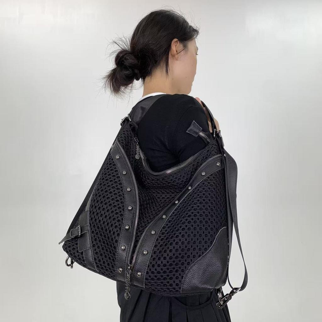 Ladies' Fashion Mesh Splicing Y2K Street Shoulder Bag Large Capacity Multi Functional Riveted Shoulder Bag