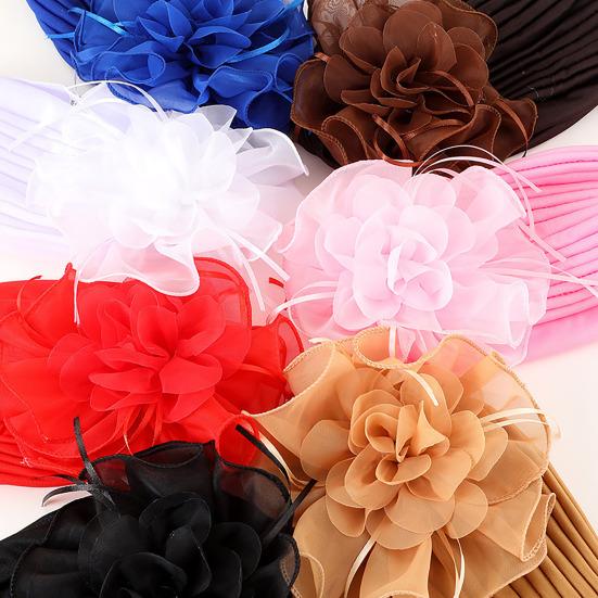 Women Turban Hat Pure Color Mesh Flower Decor Elastic Non-Slip Headwrap Breathable Lightweight Summer Headscarf Hat