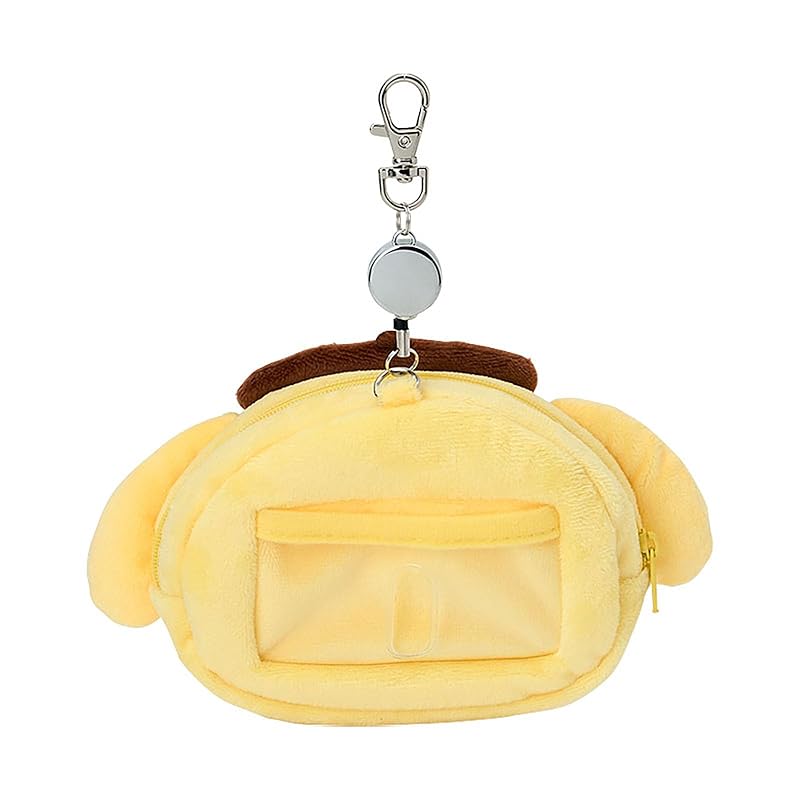 SANRIO Face-Shaped Pass Case & Pouch - Pompompurin - Cotton-PVC-Steel-Polyester - Card Holder with Retractable Reel - Small Item Storage - Suitable