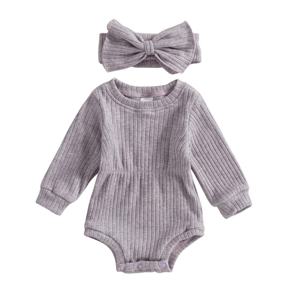 Citgeett Autumn Infant Baby Girls Bodysuit Solid Color Knit Long Sleeve Jumpsuits Fall Winter Clothes Headband