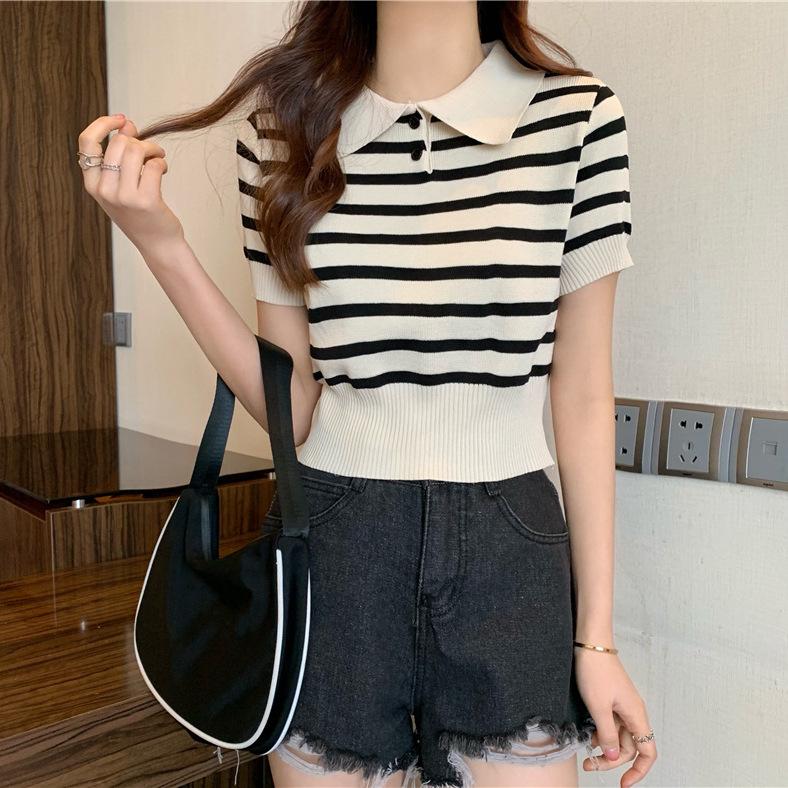 Çok Yönlü Kısa Üstler Kadın Retro Renk Bloklu Çizgili Beli Oturan Örgü Giyim Tide Günlük Yazlık Temel Konfor ve Stil Slim Fit Kazaklar Tişörtler