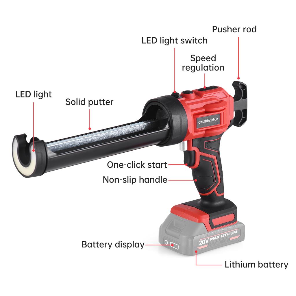 Cordless Caulking Machine 20V Hand-held Electric Caulking Tool Kit 4 Adjustable Speeds and LED