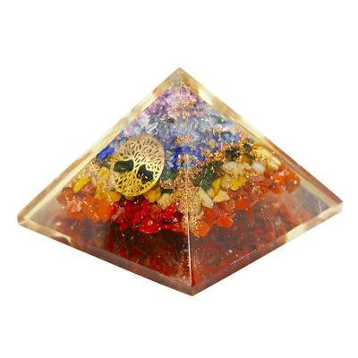 Resin Medium Size Multicolor Set of 1 Seven Chakra Multi Stone Orgone Pyramid with Tree of Life Symbol